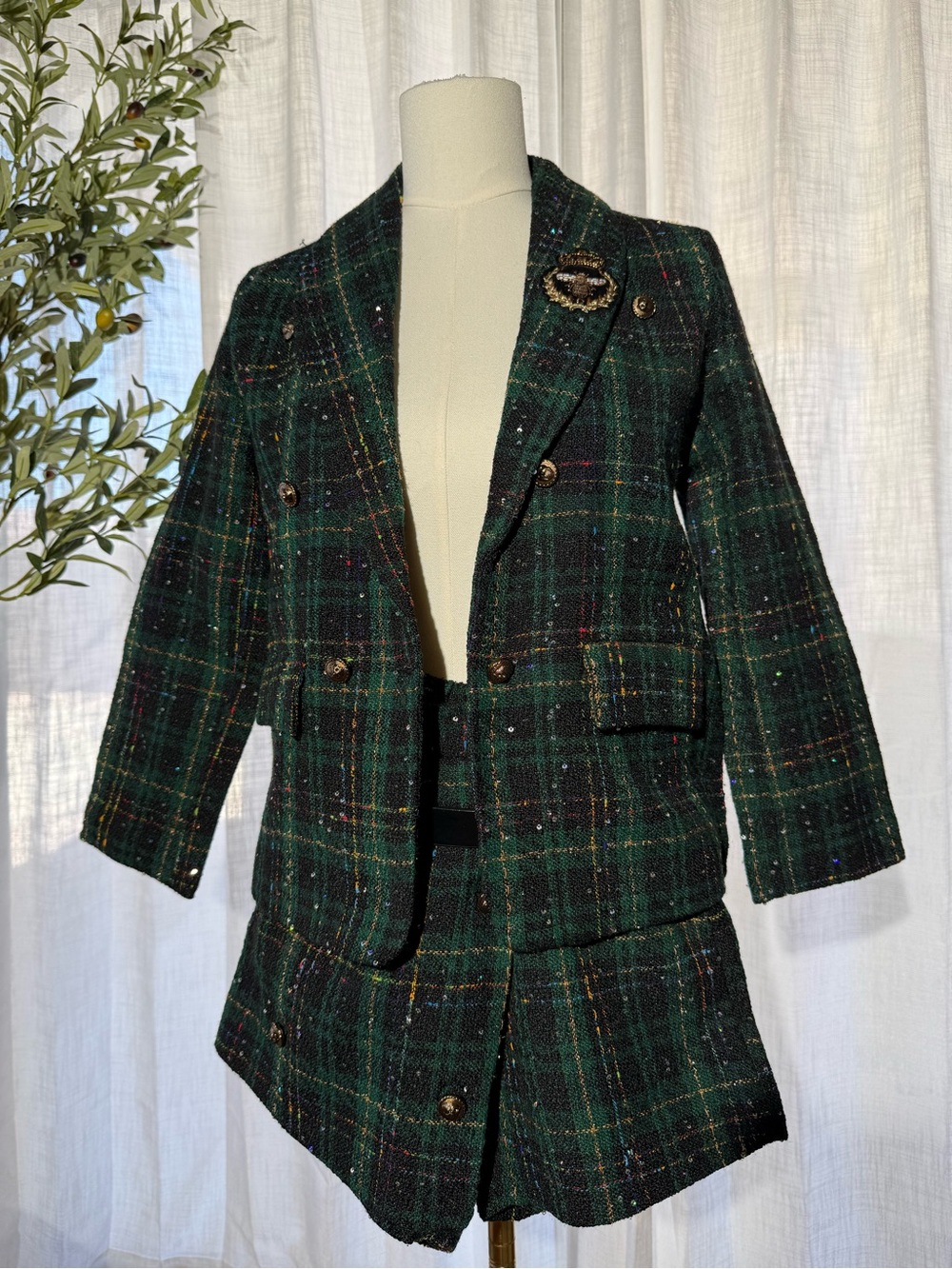 Girls' Dark Green Plaid Tweed 2 piece Blazer with Skort Set Sz 10-12 - Picture 5 of 16